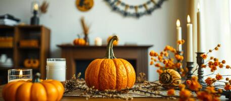 Autumnal Table Setting with Pumpkins and Candles photo