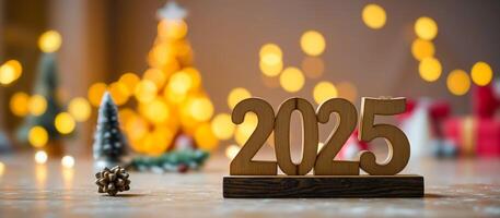Wooden 2025 New Year's Eve Decor on Table with Christmas Tree Lights and Decorations in Background photo