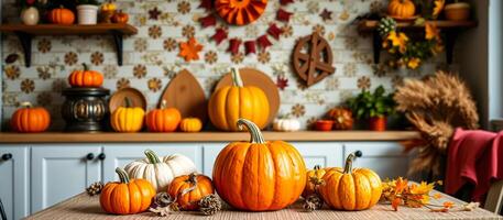 Autumn pumpkins on a table with fall decor photo
