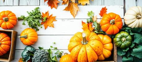 Pumpkins and Autumn Leaves on White Wooden Background photo