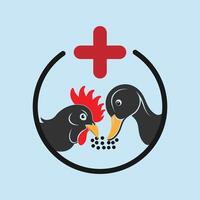 A black and white logo with a chicken and a red cross vector