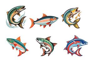 A Set Of Salmon Fish Illustration. Different Physical Action Like Jumping, Schooling, Capture Food And Swimming Related. On White Background vector