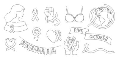 Breast cancer awareness coloring page. Pink october month. Outline set with pink ribbons, woman, bra, hands, hearts, flags and earth. Coloring book for print vector