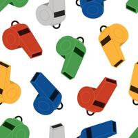 Seamless pattern with colorful whistles. Referee or trainer tool. Sport coach equipment. Flat background on white vector