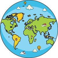 Cartoon world map with hot air balloons and clouds vector