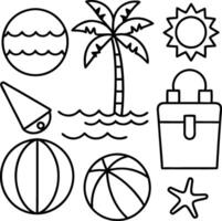A beach themed coloring page with palm trees, beach balls, and a beach umbrella vector
