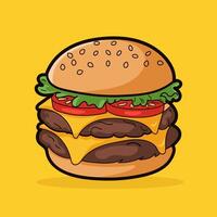 Detailed illustration of a large, appetizing burger with layers of fresh vegetables, juicy meat, and a soft bun. vector