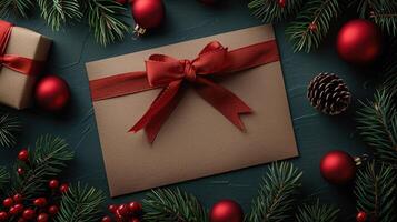 Christmas greeting card mockup with empty copy space for text and New Year greeting, Christmas background with pine branches, cones and gifts. Space for seasonal greeting. photo