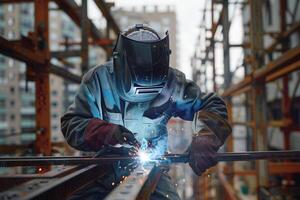 Industrial welder in a protective suit and mask welding metal truss structure on a high-rise building construction site. Urban skyline and multi-story buildings in the background photo
