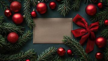 Christmas card mockup with blank space for text, featuring a festive background of pine branches and cones. Perfect for New Year and Christmas greetings or seasonal message photo