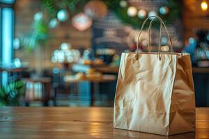 paper craft bag placed on a wooden stand against the backdrop of a festive cafe. The concept of ecological consumption and recyclable biodegradable materials. photo