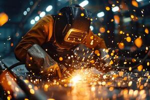 Commercial welder in protective gear and helmet working at a plant. Safety when working with metal, welding methods, conditions in the workshop, arc welding and industrial safety measures. photo