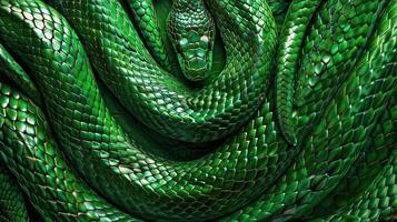 Close-up of vibrant green snake scales with a glossy, metallic shine. Ideal for backgrounds, nature themes, or reptile-related projects. Captures intricate details and rich colors photo
