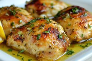 Grilled chicken thighs garnished with herbs and lemon on a plate. photo