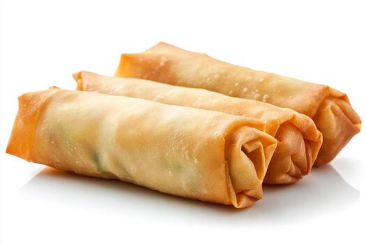 Three golden spring rolls arranged neatly, showcasing a crispy texture. photo