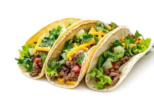 Tres delicioso tacos lleno con sazonado carne, lechuga, queso, y cortado en cubitos vegetales. foto