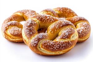 Three soft pretzels sprinkled with coarse salt on a white background. photo