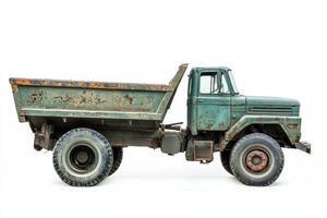An old, rusty dump truck with a green body and large wheels, designed for transporting materials. photo
