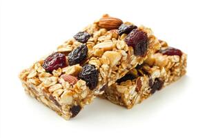 Two granola bars with nuts and dried fruits, ideal for a healthy snack. photo