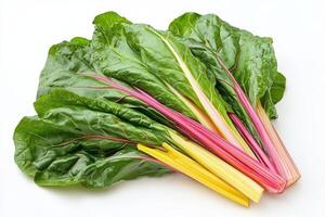 Fresh Swiss chard leaves with vibrant stems, ideal for cooking and salads. photo