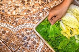 chinese cabbage in a horizontal position with the hand holding the chinese cabbage. chinese cabbage is put in a box to be washed. vegetables prepared to make sukiyaki. photo