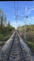 View of the railway tracks from the moving last car of a train. photo