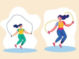 women jumping rope fitness gym workout healthy muscle lifestyle flat style color illustration vector