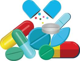 collection of colorful pills Set, medications in different sizes and shapes, Oval and round Pills vector