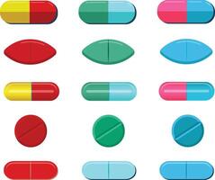 collection of colorful pills Set, medications in different sizes and shapes, Oval and round Pills vector