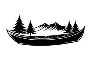 A canoe by the pines with majestic mountains vector