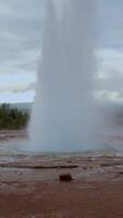 Geysir destrict in Iceland. The Strokkur Geyser erupting at the Haukadalur geothermal area, part of the golden circle route, in Iceland. Vertical footage video