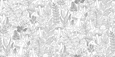 Black Line Art Illustration featuring a Seamless Pattern of Various Mushrooms and Plants, Herbs and Leaves on White Background. Design for Coloring pages, Textiles, Fabrics, Wallpapers, Wrappings. vector