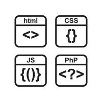 Web design, coding and programming flat icons set PHP, HTML, CSS, JS. vector