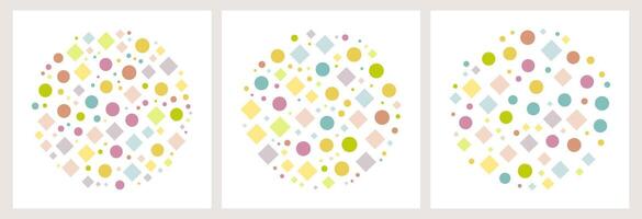 Memphis design set. Geometric elements like Circles, Squares, and Diamonds, arranged random on white Background, creating playful Geometric Pattern vector