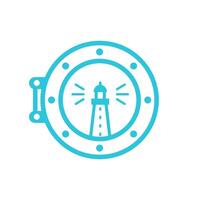 Lighthouse trough boat window icon. Isolated on white background. From blue icon set. vector