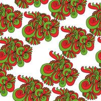Seamless pattern of curled doodle elements with spirals and petals, fantasy patterns in red-green on a white background vector
