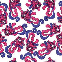 Doodle curls seamless pattern with round and wavy elements, pink blue motifs on a white background vector