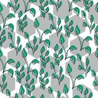 Seamless pattern of ornate doodle leaves of green color and gray hexagons on a white background vector
