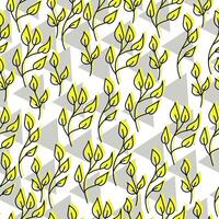 Seamless pattern of ornate doodle leaves in yellow color and gray triangles on a white background vector