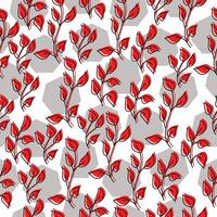 Seamless pattern of ornate doodle leaves in red and gray heptagons on a black background vector