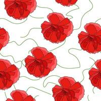 Blooming poppies seamless pattern, bright flowers and green lines on a white background vector