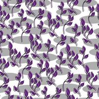 Seamless pattern of ornate doodle leaves of purple color and gray ovals on a white background vector