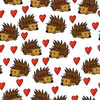 Seamless pattern of enamored hedgehogs in doodle style, cute spiky animals and red hearts on a white background vector