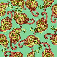 Seamless pattern of swirling tangles with spiral curls, yellow-orange motifs on a soft green background vector