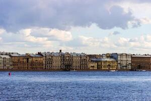A panoramic view of the historic waterfront of St. Petersburg, Russia, showcasing rows of classic buildings along the Neva River under a partly cloudy sky photo