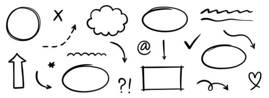 Hand drawn line arrow, sketch underline, round frame element set. Scribble sketch pencil stroke circle frame, heart, doodle graphic element. vector