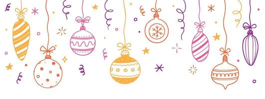 Doodle christmas ball element background. Hand drawn sketch line style xmas ball. Cute merry christmas bauble for border, background design with text place. Isolated vector