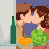 A couple in love kissing next to an open refrigerator. Bottle with oranges and cabbage inside the refrigerator. vector