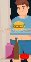 The fat man in front of the refrigerator is looking at a hamburger. Bottle, milk and tomatoes inside the refrigerator. vector