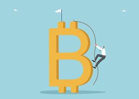 Man climbs rope to top of bitcoin vector
